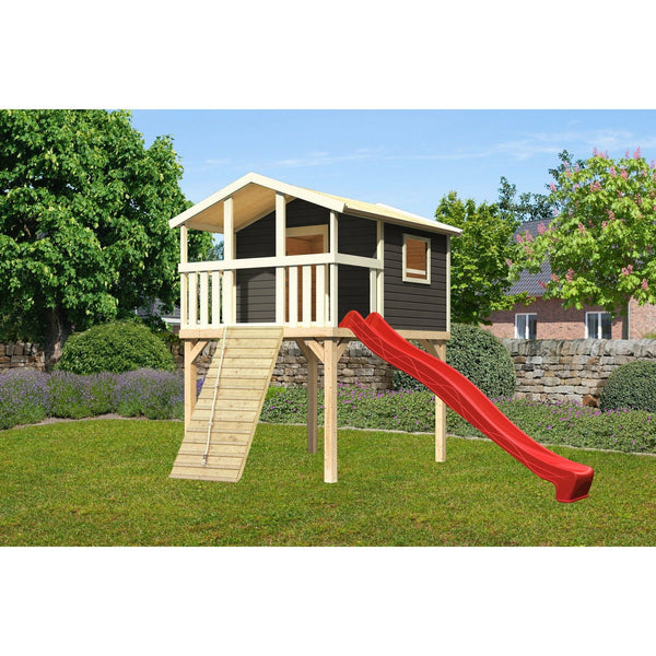 Akubi paalwoning "Benjamin" SET terra grijs met houten oprit, glijbaan 3m rood