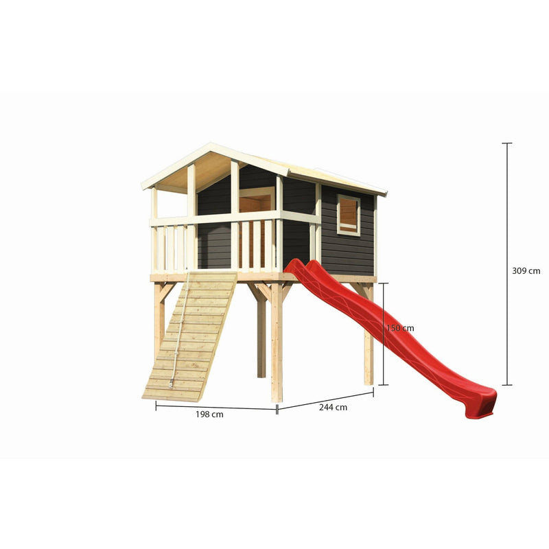 Akubi Stelzenhaus "Benjamin" SET terragrau mit Holzrampe, Rutsche 3m rot