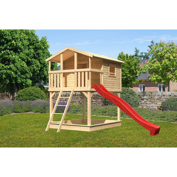 Akubi paalwoning "Benjamin" SET naturel met zandbak, glijbaan 3m rood