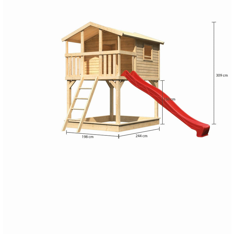 Akubi Stelzenhaus "Benjamin" SET naturbelassen mit Sandkasten, Rutsche 3m rot