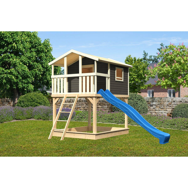 Akubi paalwoning "Benjamin" SET terra grijs met zandbak, glijbaan 3m blauw