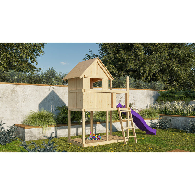 Akubi Kinderspielhaus "Frieda" SET AKTION2 naturbelassen mit Anbau und Rutsche violett