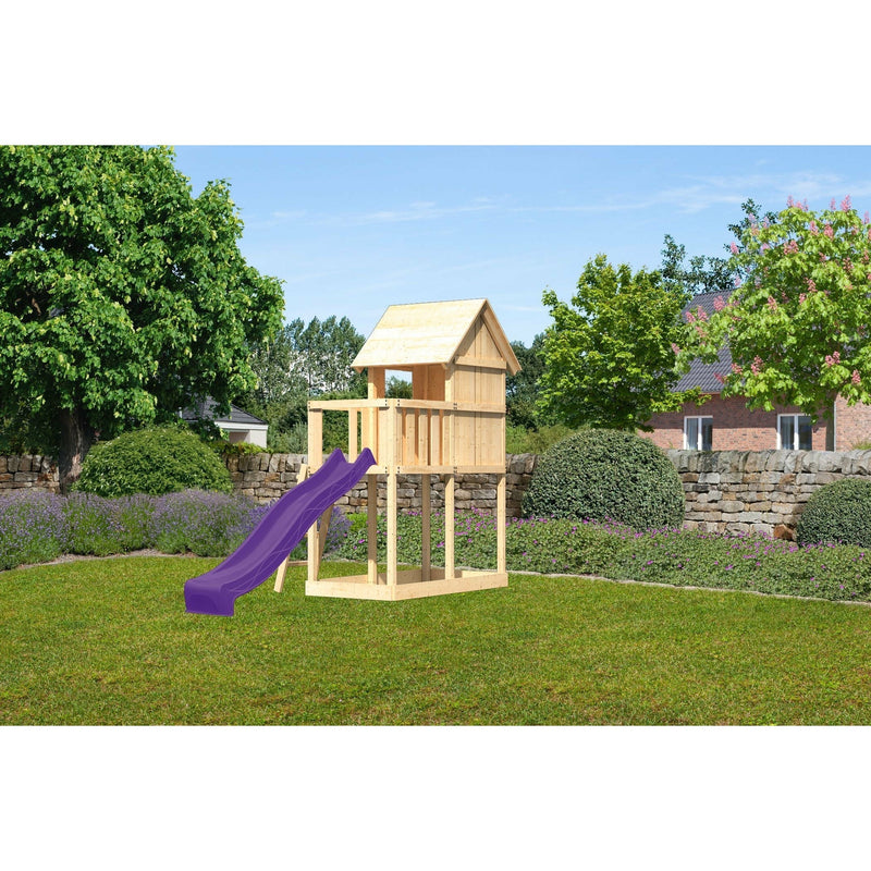 Akubi Kinderspielhaus "Frieda" SET AKTION2 naturbelassen mit Anbau und Rutsche violett