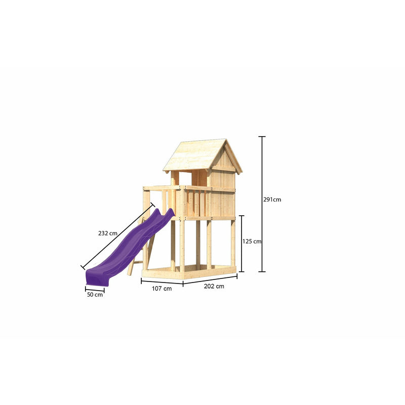 Akubi Kinderspielhaus "Frieda" SET AKTION2 naturbelassen mit Anbau und Rutsche violett