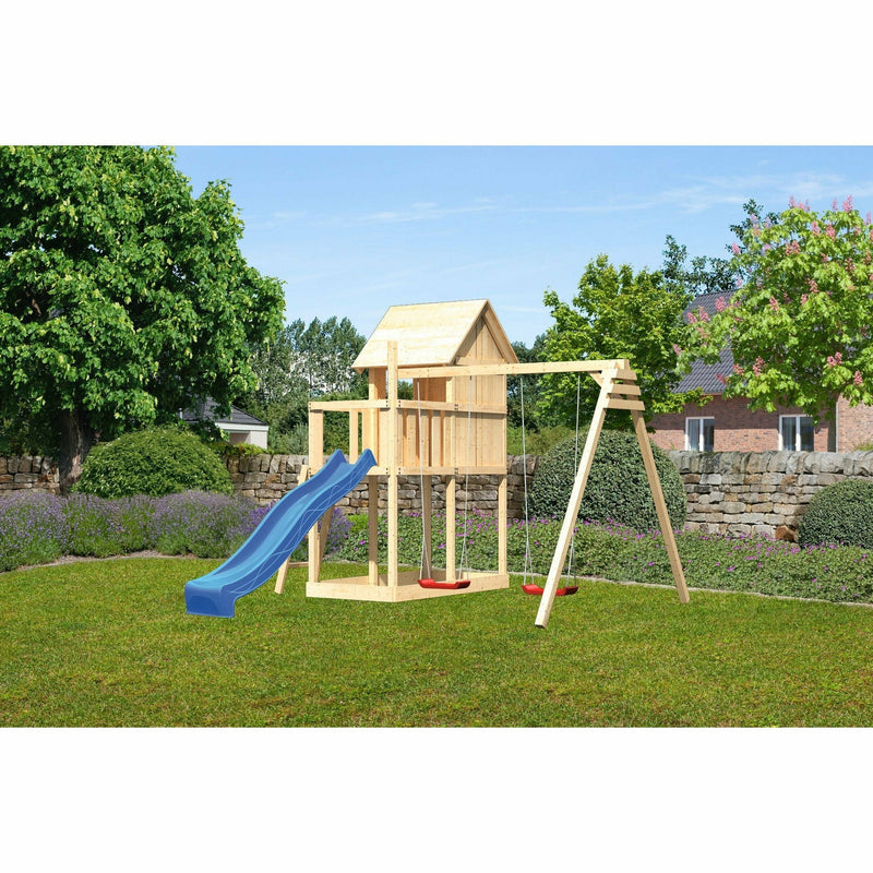 Akubi Kinderspielhaus "Frieda" SET AKTION2 naturbelassen mit Anbau, Doppelschaukel und Rutsche blau