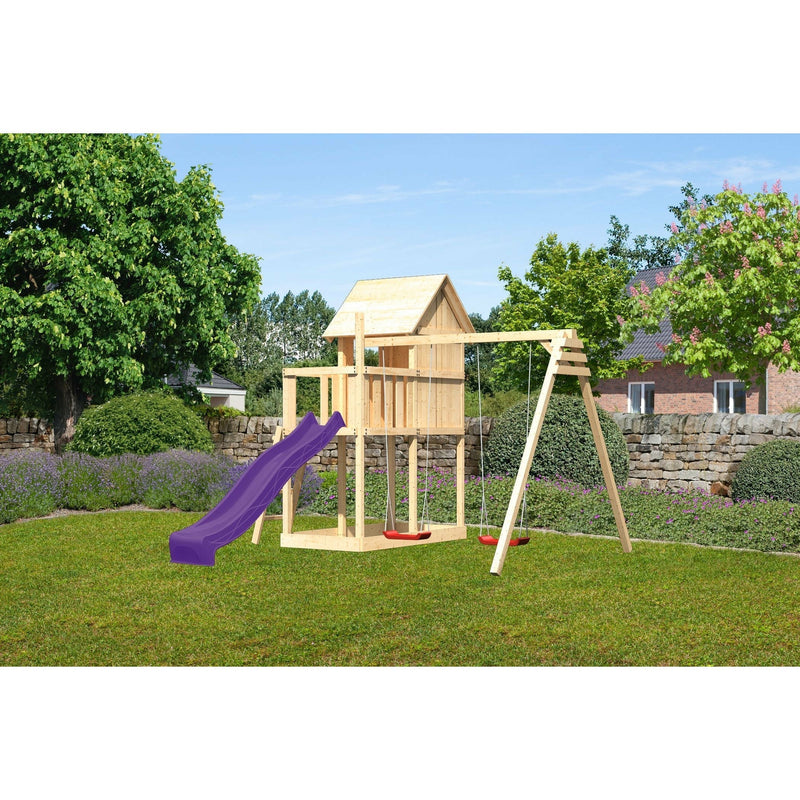 Akubi Kinderspielhaus "Frieda" SET AKTION2 naturbelassen mit Anbau, Doppelschauke und Ruschte violett