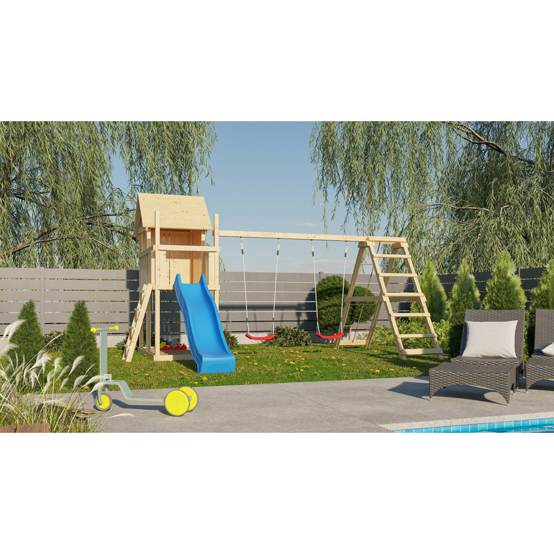 Akubi Kinderspielhaus "Frieda" SET AKTION2 naturbelassen mit Anbau, Doppelschaukel, Klettergerüst und Rutsche blau