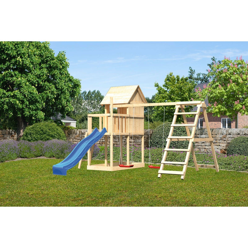 Akubi Kinderspielhaus "Frieda" SET AKTION2 naturbelassen mit Anbau, Doppelschaukel, Klettergerüst und Rutsche blau