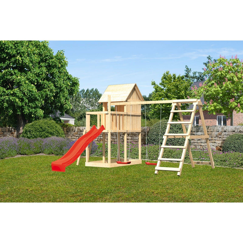 Akubi Kinderspielhaus "Frieda" SET AKTION2 naturbelassen mit Anbau, Doppelschaukel, Klettergerüst und Rutsche rot