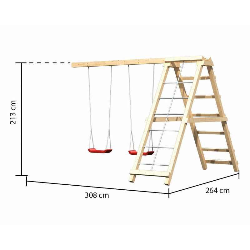 Akubi Kinderspielhaus "Frieda" SET AKTION2 naturbelassen mit Anbau, Doppelschaukel, Klettergerüst und Rutsche rot