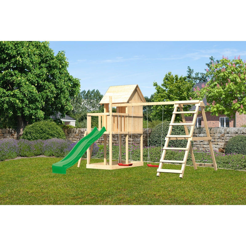 Akubi Kinderspielhaus "Frieda" SET AKTION2 naturbelassen mit Anbau, Doppelschaukel, Klettergerüst und Rutsche grün