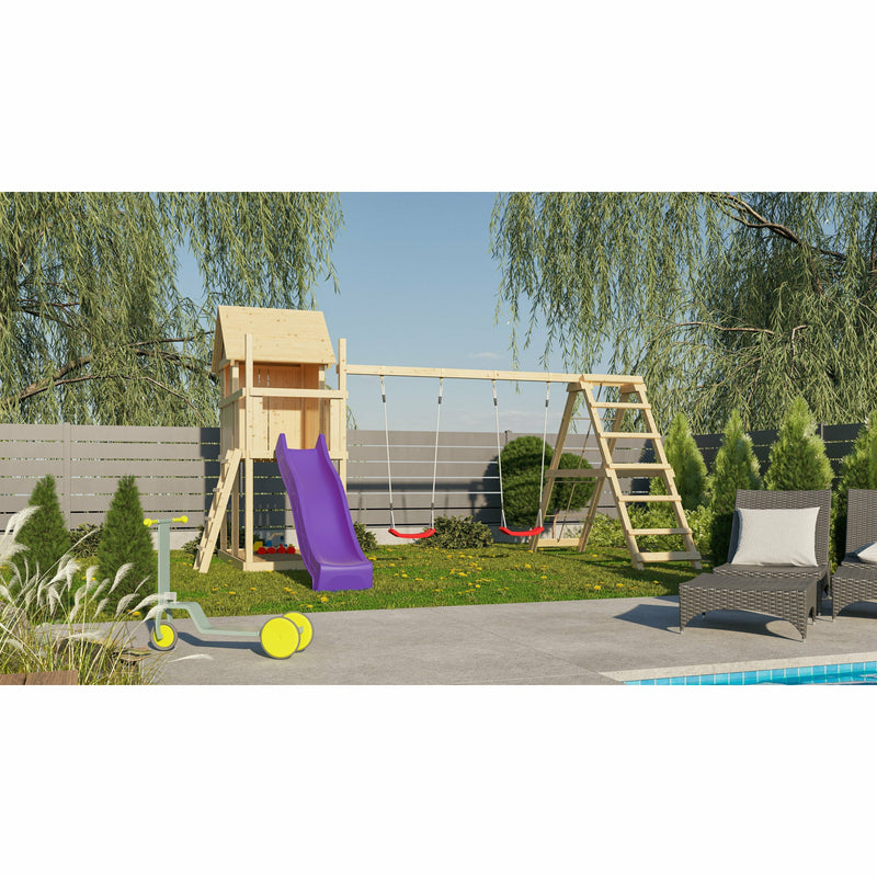 Maison de jeux pour enfants Akubi "Frieda" SET ACTION2 naturel avec extension, balançoire double, structure d'escalade et toboggan violet