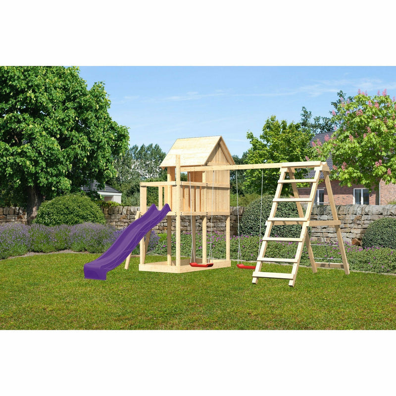 Maison de jeux pour enfants Akubi "Frieda" SET ACTION2 naturel avec extension, balançoire double, structure d'escalade et toboggan violet