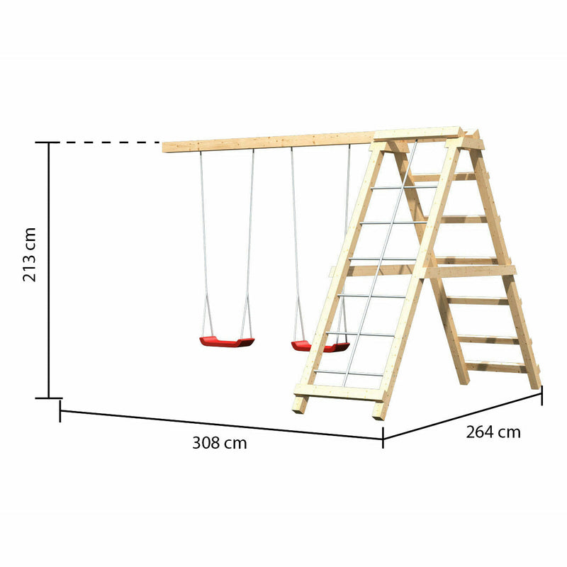 Maison de jeux pour enfants Akubi "Frieda" SET ACTION2 naturel avec extension, balançoire double, structure d'escalade et toboggan violet