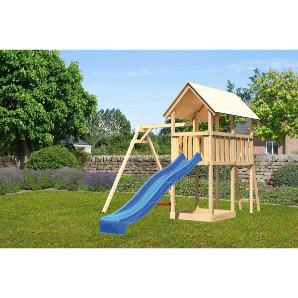 Akubi Kinderspielturm "Danny" SET naturbelassen mit Schaukelanbau Einzel, Rutsche 2,5m blau