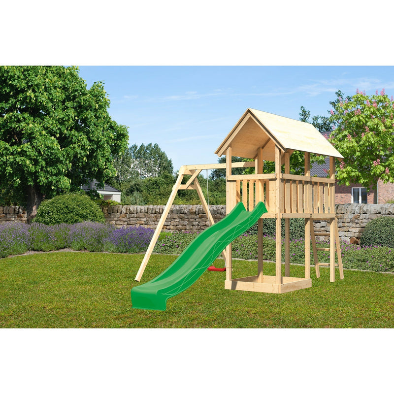 Akubi Kinderspielturm "Danny" SET naturbelassen mit Schaukelanbau Einzel, Rutsche 2,5m grün