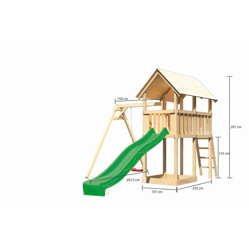 Akubi Kinderspielturm "Danny" SET naturbelassen mit Schaukelanbau Einzel, Rutsche 2,5m grün