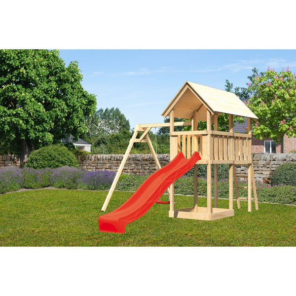 Akubi Kinderspielturm "Danny" SET naturbelassen mit Schaukelanbau Einzel, Rutsche 2,5m rot