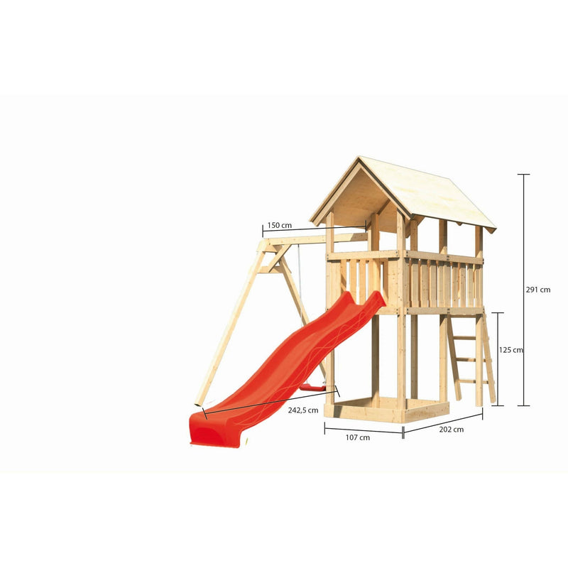 Akubi Kinderspielturm "Danny" SET naturbelassen mit Schaukelanbau Einzel, Rutsche 2,5m rot