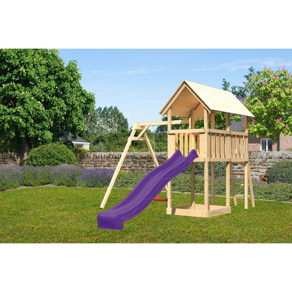 Akubi Kinderspielturm "Danny" SET naturbelassen mit Schaukelanbau Einzel, Rutsche 2,5m violett