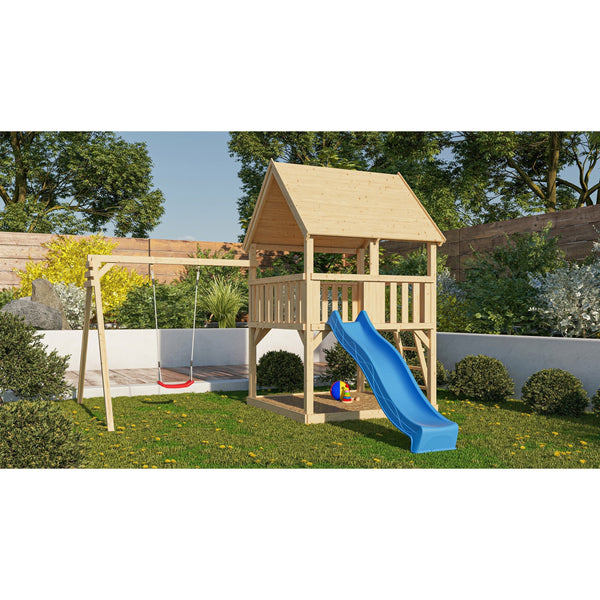 Akubi Spielturm "Luis" SET naturbelassen mit Schaukelanbau Einzel, Rutsche 2,5m blau