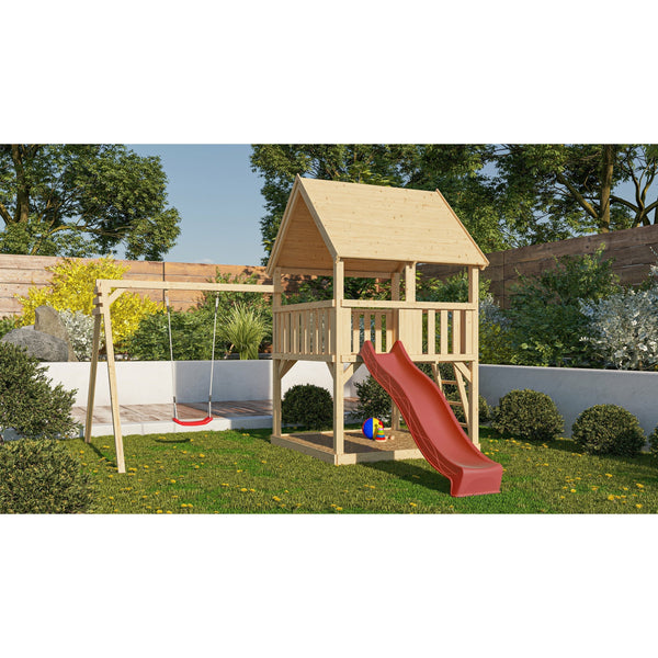 Akubi Spielturm "Luis" SET naturbelassen mit Schaukelanbau Einzel, Rutsche 2,5m rot