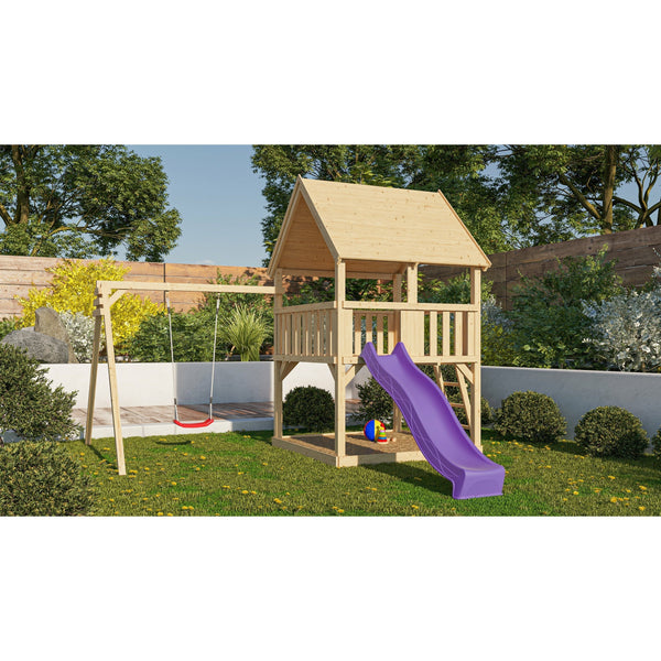 Akubi Spielturm "Luis" SET naturbelassen mit Schaukelanbau Einzel, Rutsche 2,5m violett