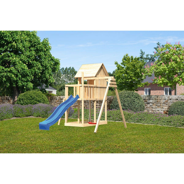 Akubi kinderspeelhuis "Frieda" SET naturel met schommelbevestiging enkel, glijbaan 2,5m blauw