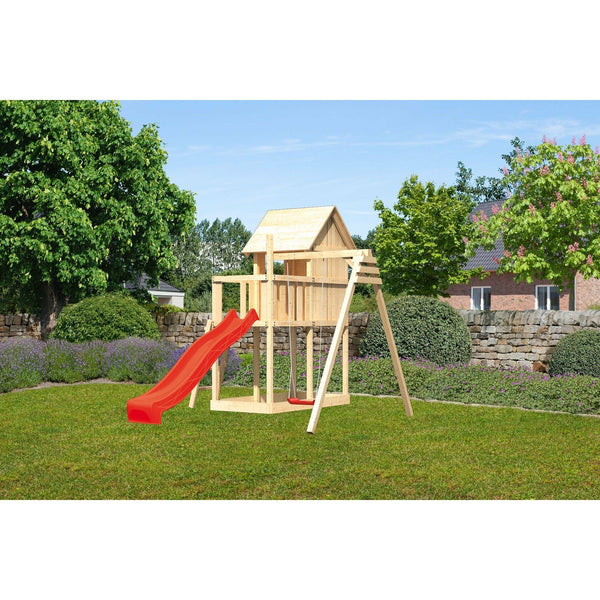 Akubi Kinderspielhaus "Frieda" SET naturbelassen mit Schaukelanbau Einzel, Rutsche 2,5m rot