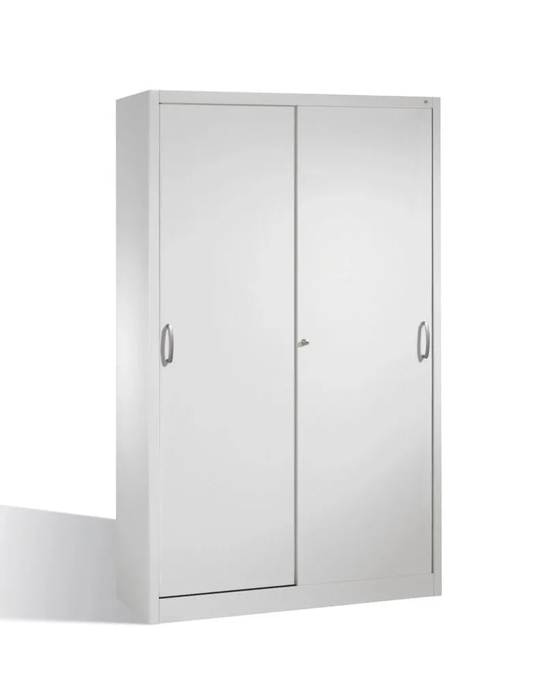 Armoire à outils DENIOS Cabo avec portes coulissantes, 4 étagères, L 1200, P 400, H 1950 mm, gris 