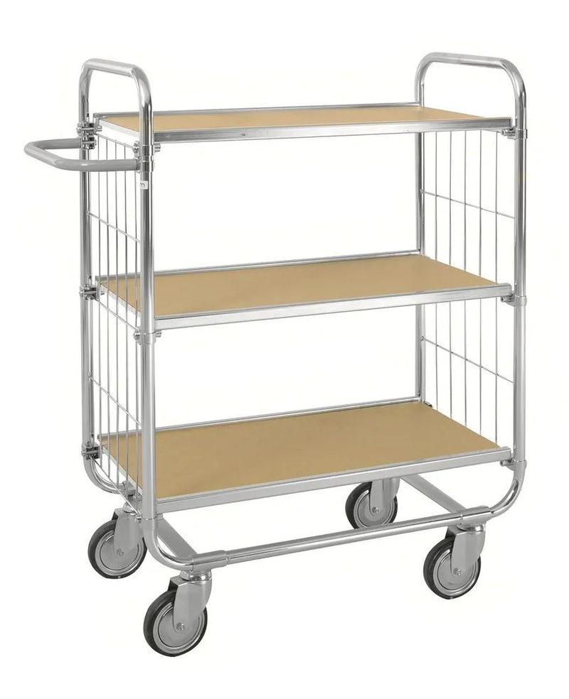 DENIOS ESD stellingwagen Km, verzinkt, 3 flexibele schappen, LxBxH 1395 x 470 x 1120 mm, 4 zwenkwielen