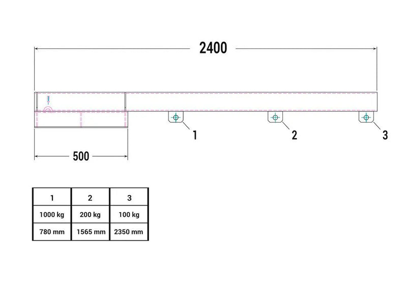 Bras de charge DENIOS, 2400 mm, capacité de charge 100 - 1000 kg, rouge 