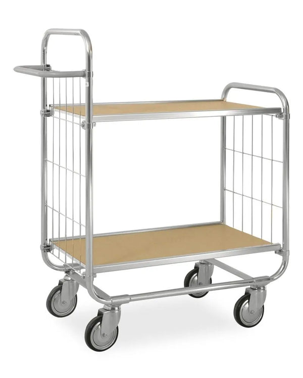 Chariot à étagères DENIOS ESD Km, galvanisé, 2 étagères flexibles, Lxlxh 1395 x 470 x 1120 mm, 4 roulettes pivotantes, butée 