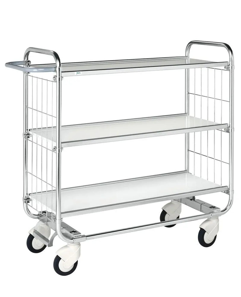 DENIOS stellingwagen Km, verzinkt, 3 flexibele schappen, LxBxH 1395 x 470 x 1120 mm, 4 zwenkwielen, centrale stop 