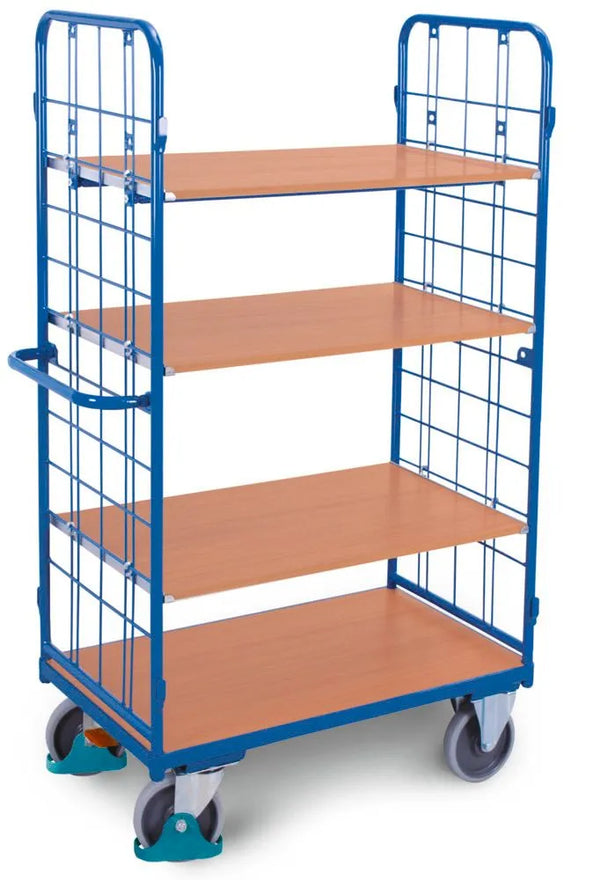 Chariot à étagères DENIOS Denios Classic-line avec 4 étagères, 2 parois grillagées, pneus TPE, Ergostop, 1200x800 mm, 500 kg 