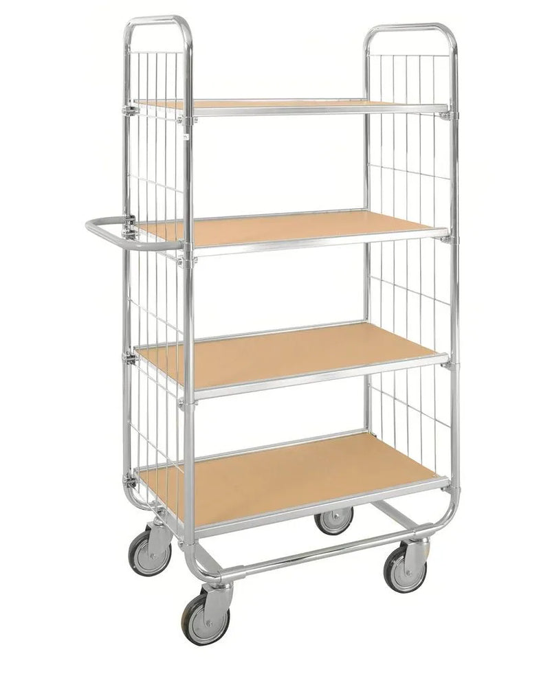 Chariot à étagères DENIOS ESD Km, galvanisé, 4 étagères flexibles, Lxlxh 815 x 470 x 1590 mm, 4 roulettes pivotantes, butée 