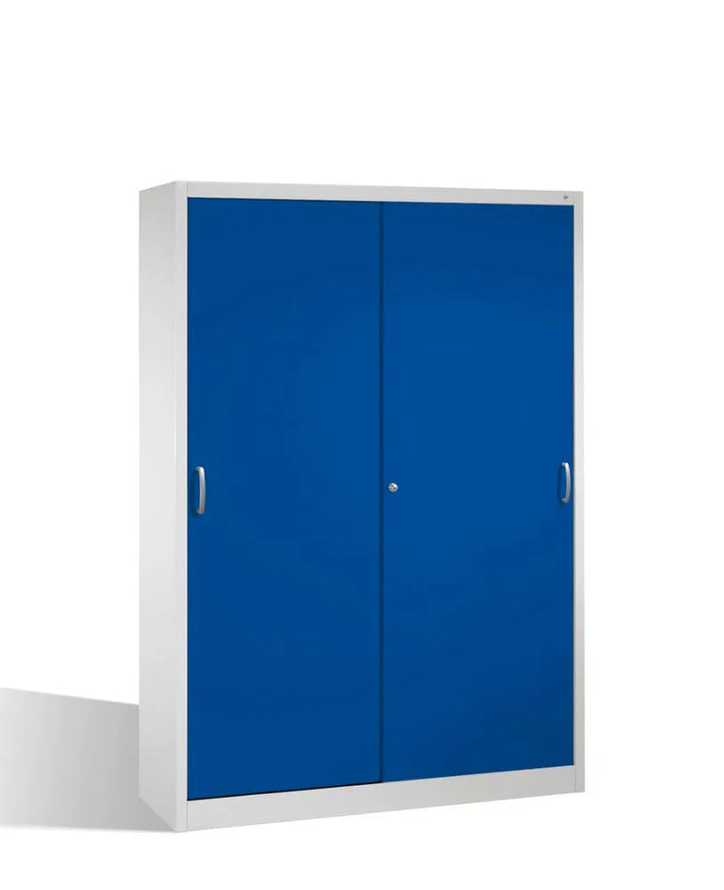 Armoire à outils DENIOS Cabo avec portes coulissantes, 8 étagères, L 1600, P 400, H 1950 mm, gris/bleu 