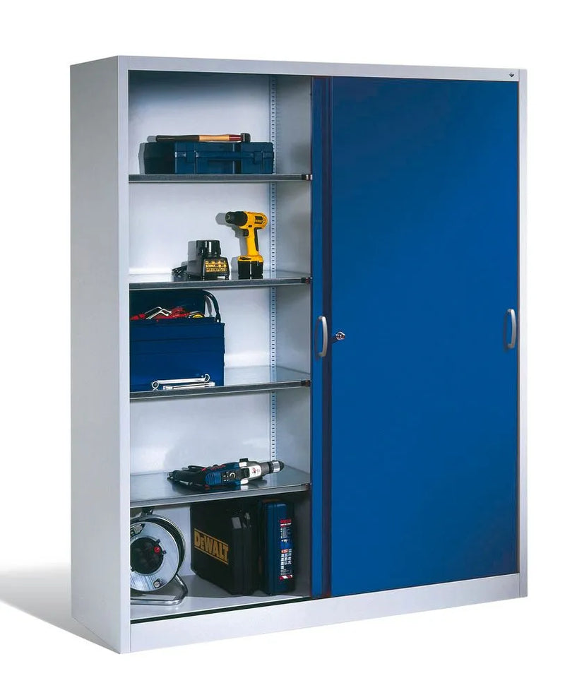 Armoire à outils DENIOS Cabo avec portes coulissantes, 8 étagères, L 1600, P 400, H 1950 mm, gris/bleu 