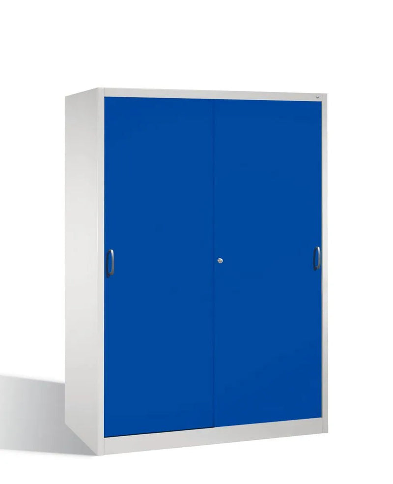 Armoire à outils DENIOS Cabo avec portes coulissantes, 8 étagères, L 1600, P 600, H 1950 mm, gris/bleu 