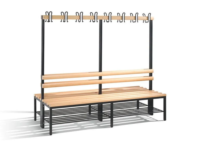 Banc à langer DENIOS Basic, double face, lattes d'assise en hêtre massif, l 1960 mm, avec étagère à chaussures 