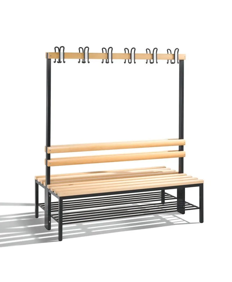 Banc à langer DENIOS Basic, double face, lattes d'assise en hêtre massif, l 1500 mm, avec étagère à chaussures 