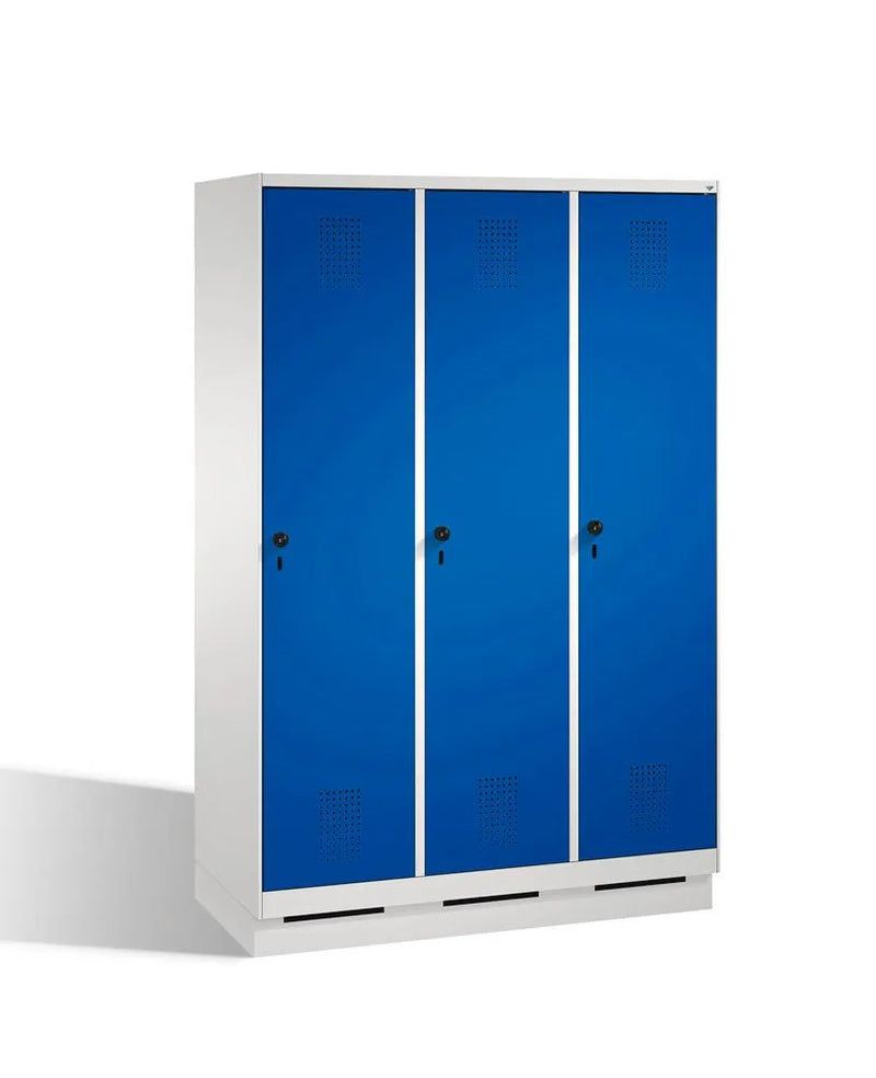 Armoire vestiaire DENIOS Cabo-plus sur socle, 3 compartiments, L 1200, P 500, H 1800 mm, gris/bleu 