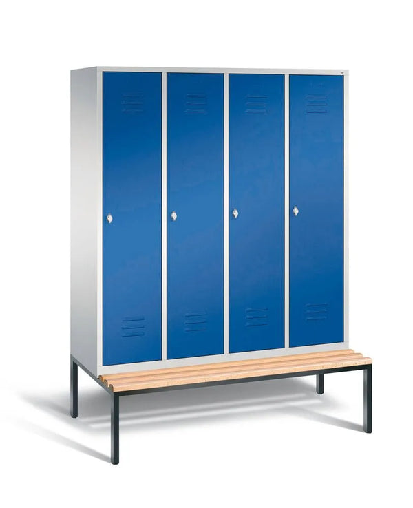 DENIOS Umkleidespind Cabo Mit Sitzbank, 4 Abteile, B 1590, H 2090, T 500/815 Mm, Grau/blau