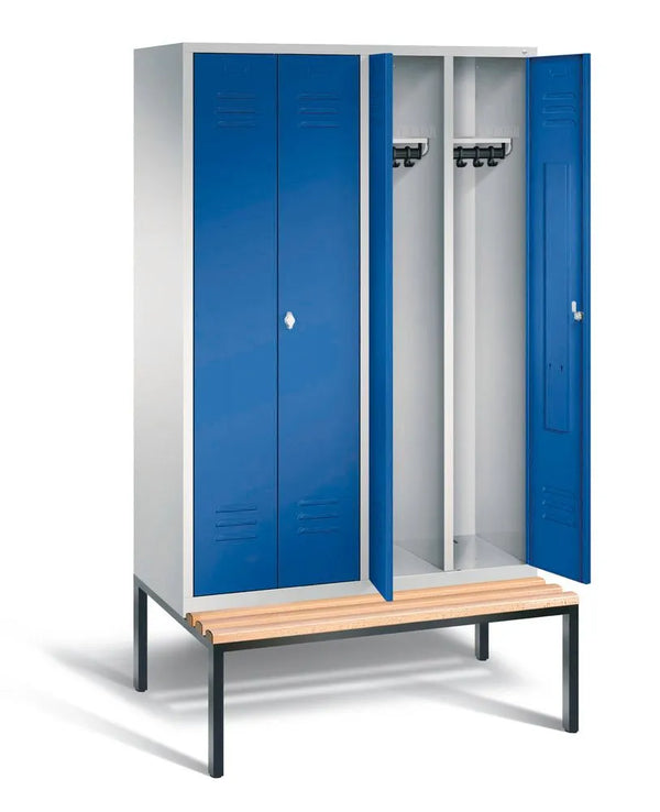 DENIOS dubbele kast Cabo met bank, 4 vakken, B 1190, H 2090, D 500/815 mm, grijs/blauw 