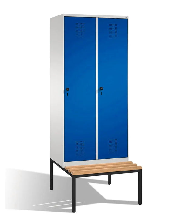 DENIOS Kleiderspind Cabo-plus Mit Sitzbank, 2 Abteile, B 800, T 500/815, H 2090 Mm, Grau/blau