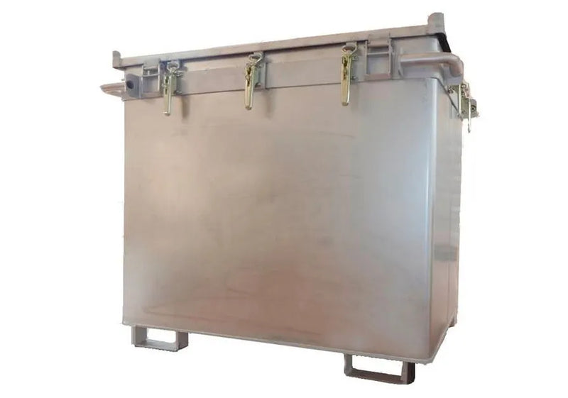 DENIOS Lithium-ionen-akku-transportbox Edelstahl, 800 L, M-box X2, Füllmaterial Pyrobubbles®