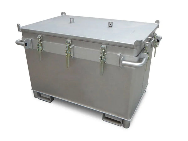 DENIOS Lithium-ionen-akku-transportbox Edelstahl, 466 L, M-box X1, Füllmaterial Pyrobubbles®