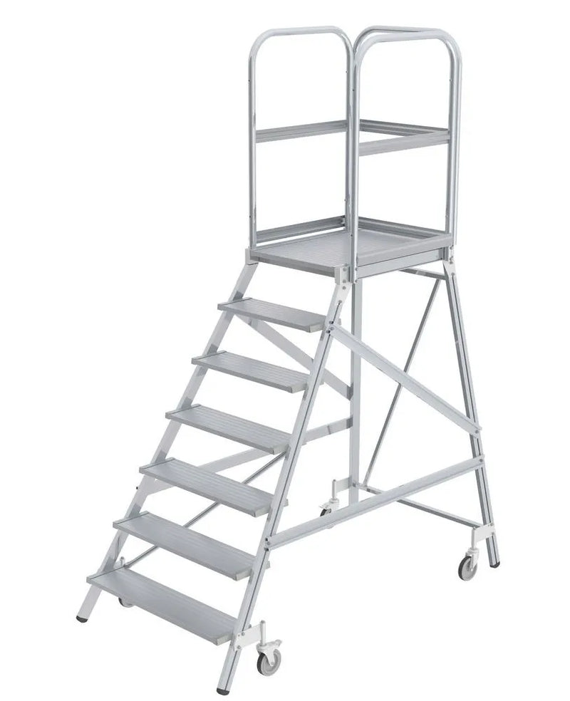 DENIOS platformladder van aluminium, eenzijdig toegankelijk, zwenkwielen, 8 treden, platformafmeting 600 x 800 mm 