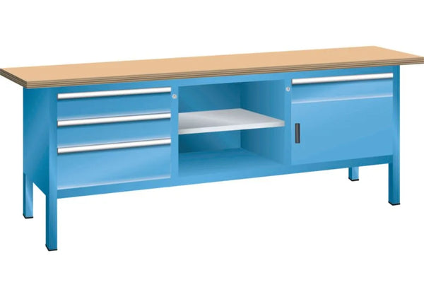 Établi compact DENIOS Lista, l 2000 mm, plan de travail en hêtre, 1 porte battante, 4 tiroirs, bleu clair 