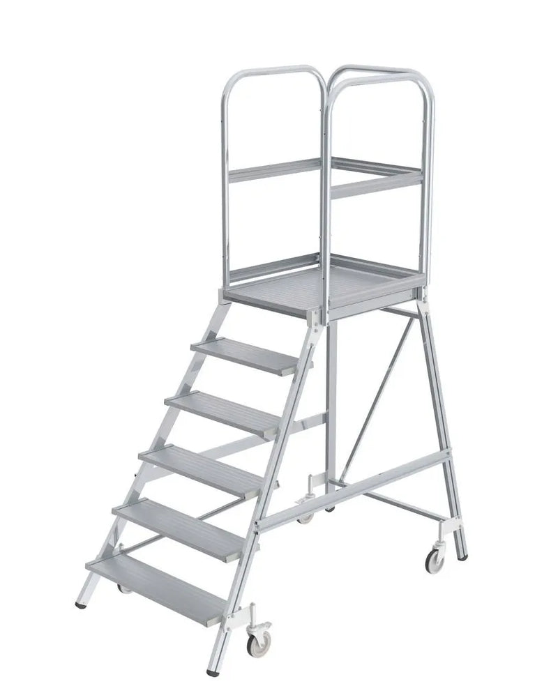 DENIOS platformladder van aluminium, eenzijdig toegankelijk, zwenkwielen, 6 treden, platformafmeting 600 x 800 mm 